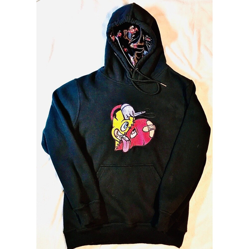 Black Cartoon Skater Hoodie With Lined Logo Hood-Streetwear-Size Small